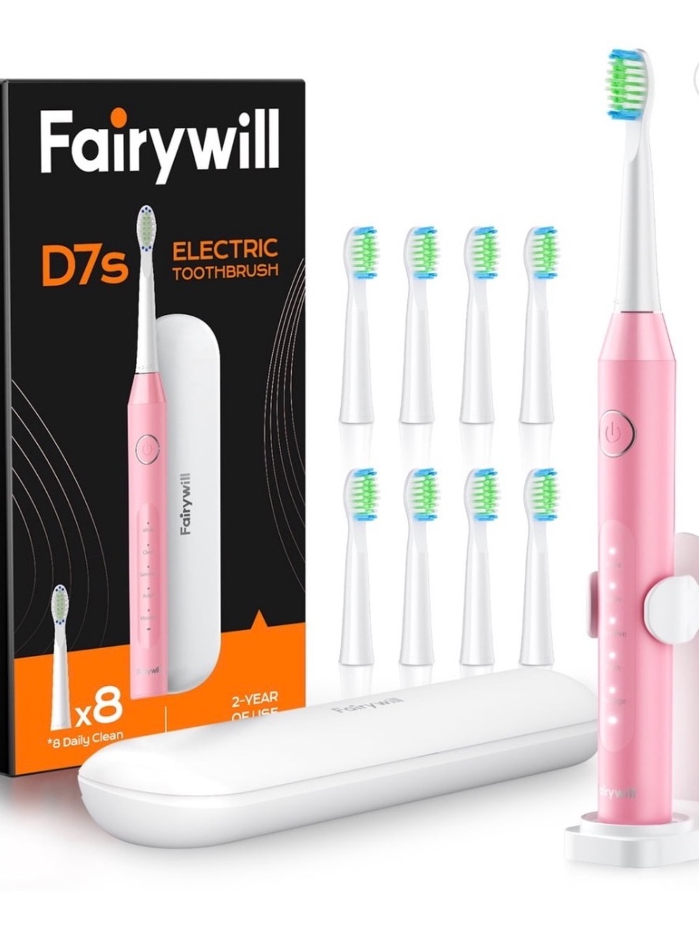 🆕 Fairywill D7s Pink Sonic Electric Toothbrush with 8 Replacement Heads